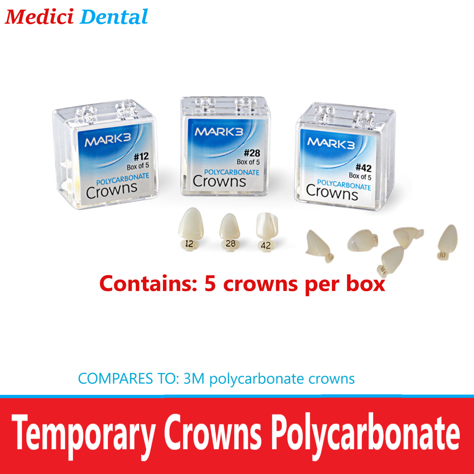 MARK3 Dental Temporary Polycarbonate Crowns All Sizes Swiss Made 5/Box