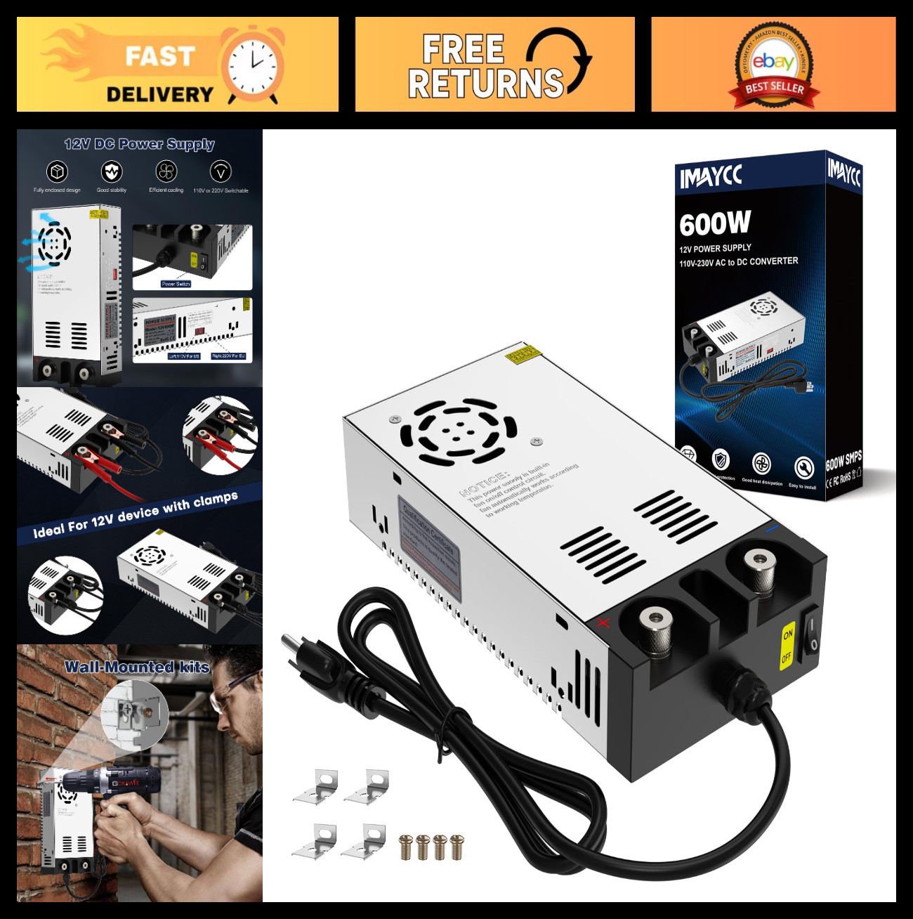 12V AC to DC Power Supply Converter, 600W 50A SMPS, 110V to 12V Adapter, Power S