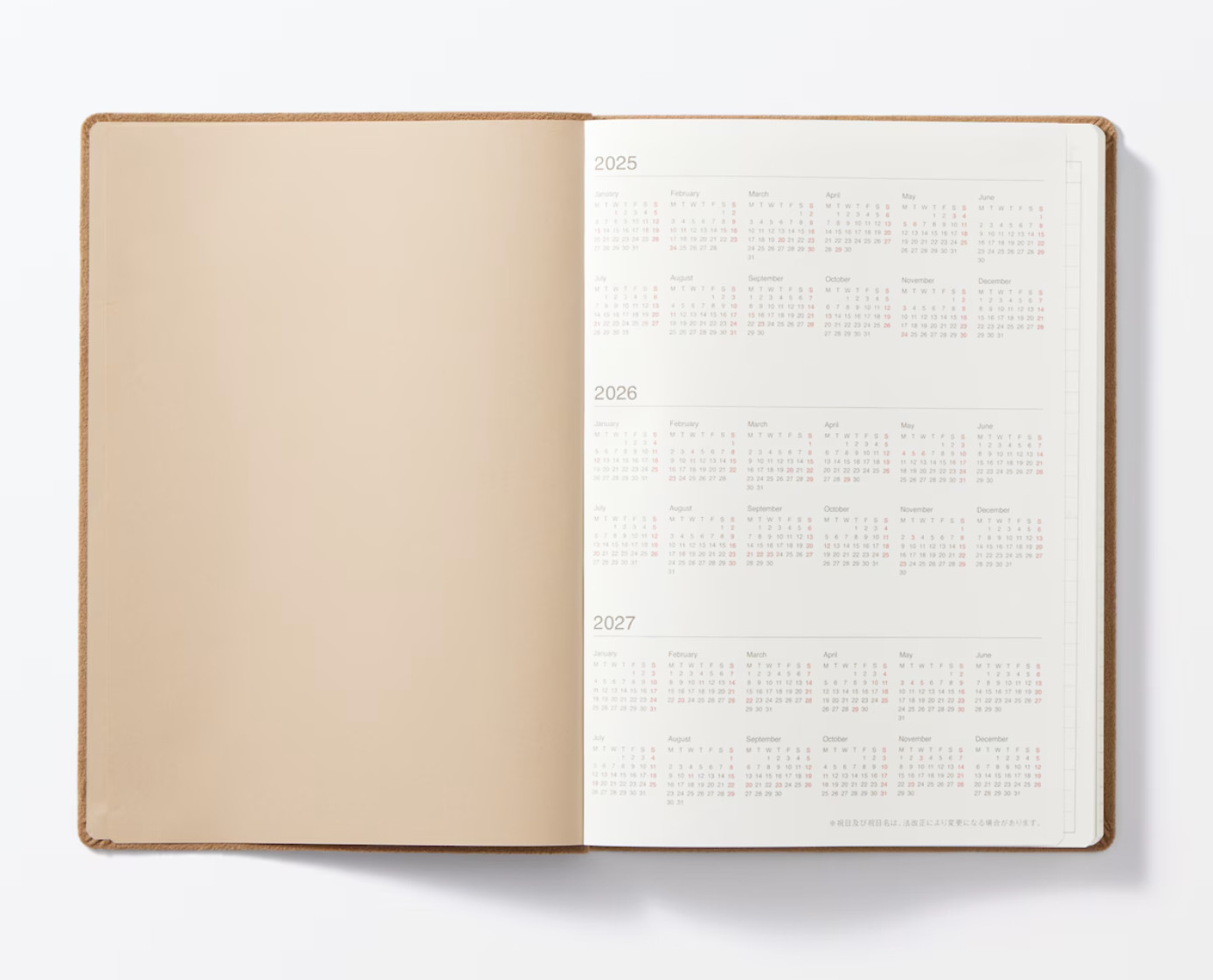 Muji 2026 Suede-like Monthly Weekly Planner 2025.12-2027.01 Beige A5