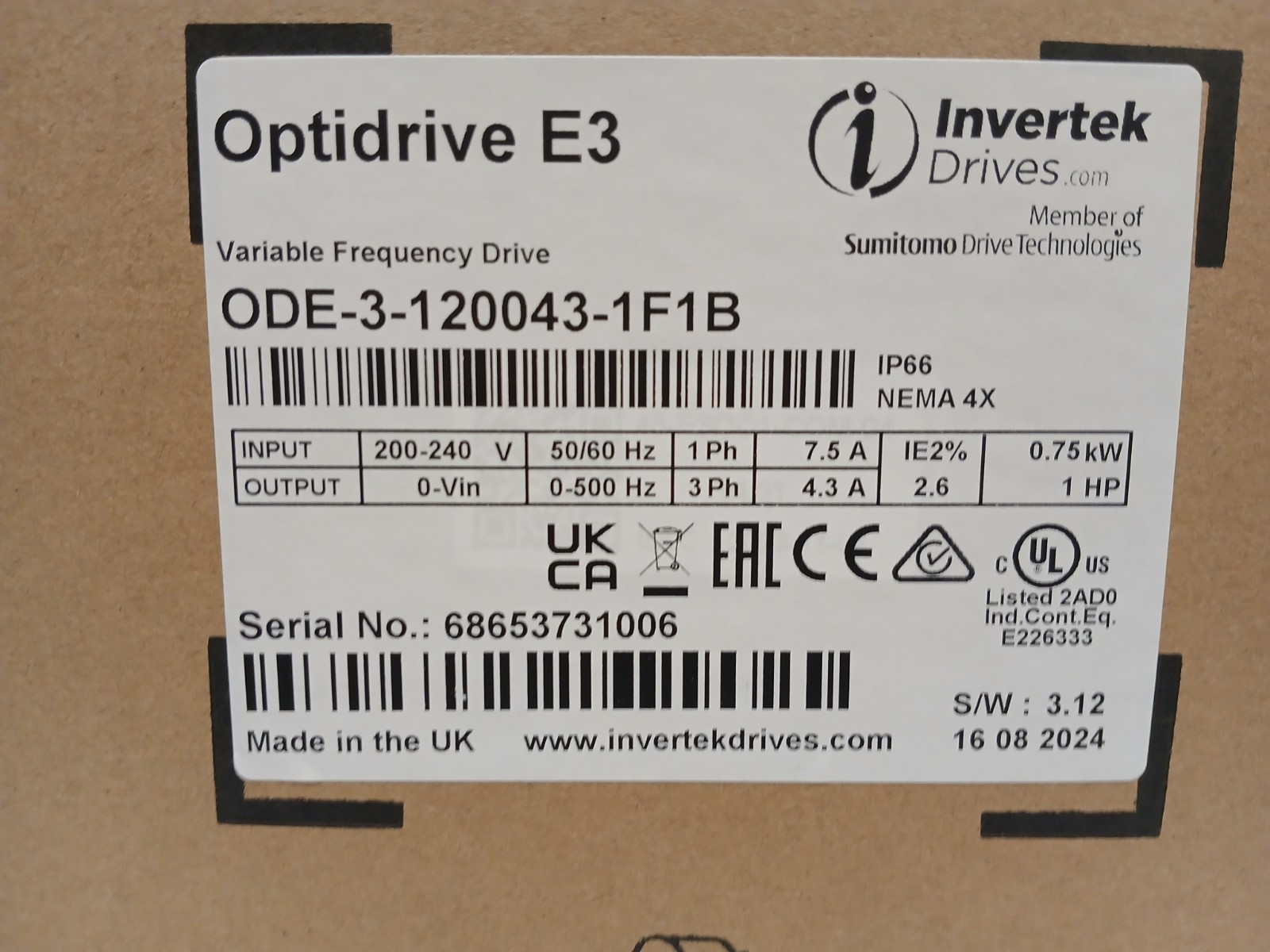 ODE-3-120043-1F1B – Invertek OptiDrive E3 – 1.0 HP VFD
