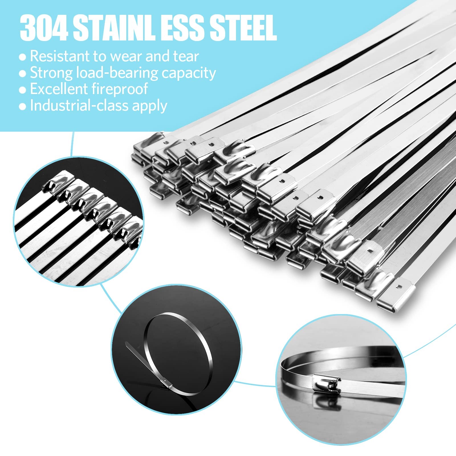 100PCS 11.8Inch Metal Cable Zip Ties – 304 stainless steel Heavy Duty
