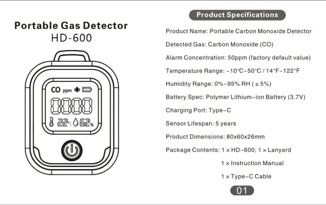 Portable Air Quality Monitor 3-in-1 Carbon Monoxide Detector Temp & Humid Alarm