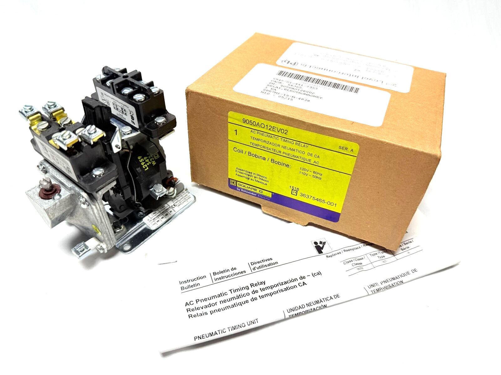 Square D 9050AO10EV02 Timing Relay,Pneumatic,On Delay,0.1 to 60s,15A,600V,120VAC