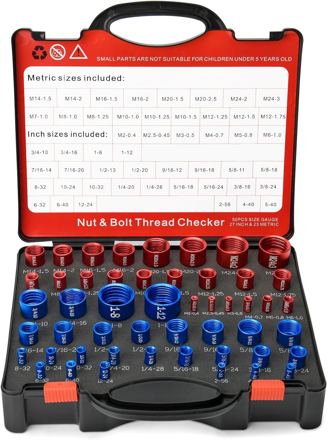 50Pcs Nut & Bolt Thread Checker Gauge 27 Standard 23 Metric Size Finder Tool Set