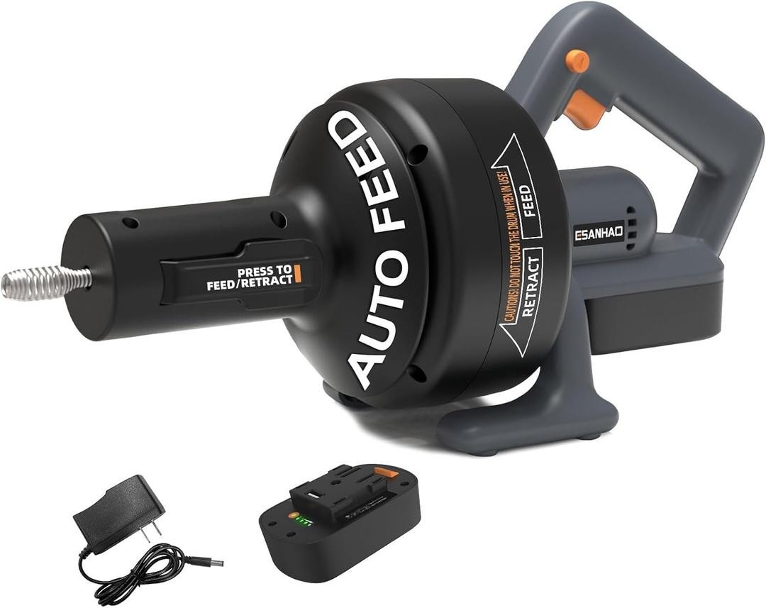 Electric Drain Auger 25Ft Cordless Drain Cleaner Machine Auto Feed Plumbing Snak