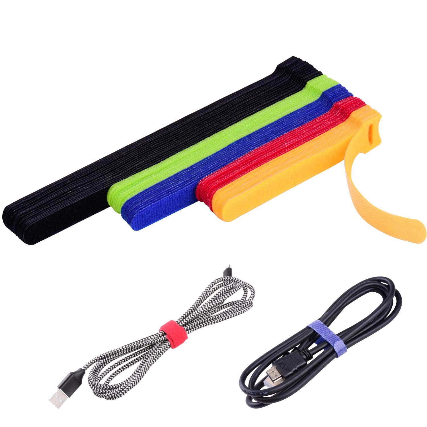 OneLeaf 60Pcs Reusable Cable Ties with Hook and Loop, 3 Sizes Wire Ties