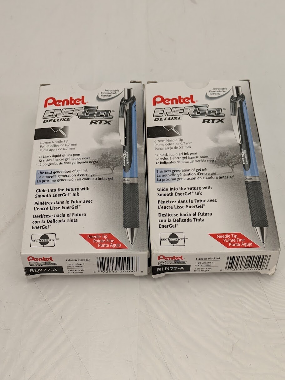 Pentel EnerGel RTX Retractable Gel Pens~Black Ink 0.7mm Box of 12 Metal Tip