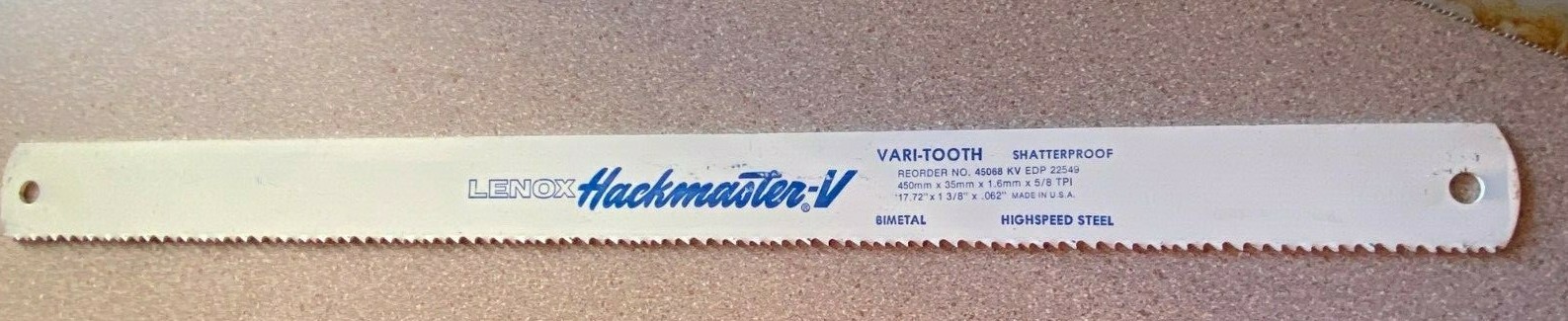 17.72″ X 1-3/8 X .062″ 5/8 VARI-TOOTH POWER HACKSAW, HSS BIMETAL LENOX, USA, NEW