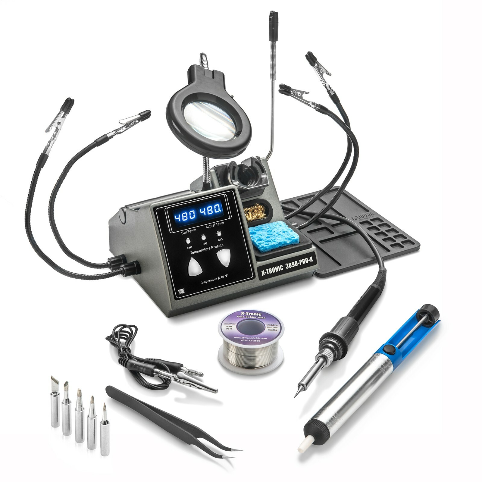 X-Tronic 3090-PRO-X 75 Watt Dual LED Soldering Iron Station Kit Plus Accessories