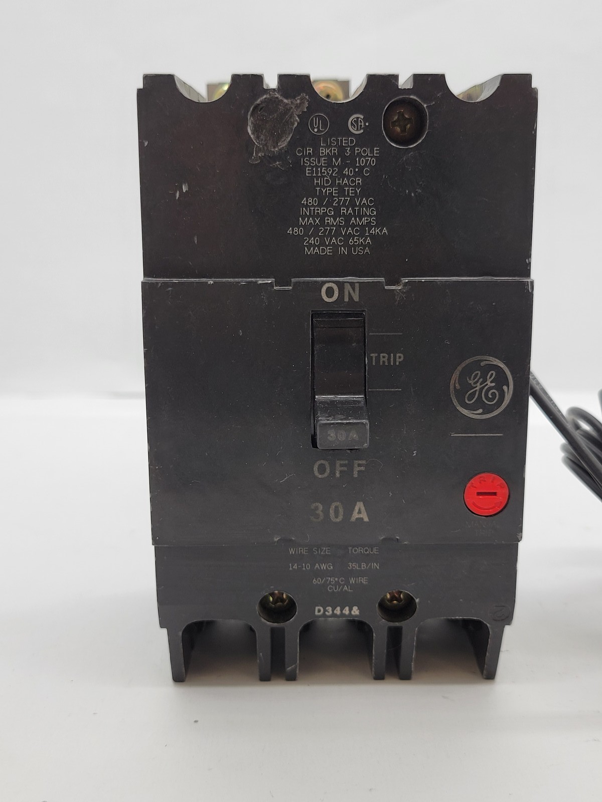 General Electric TEY330ST12 Shunt Trip Bolt-On Circuit Breaker 30A 3P 480/277V
