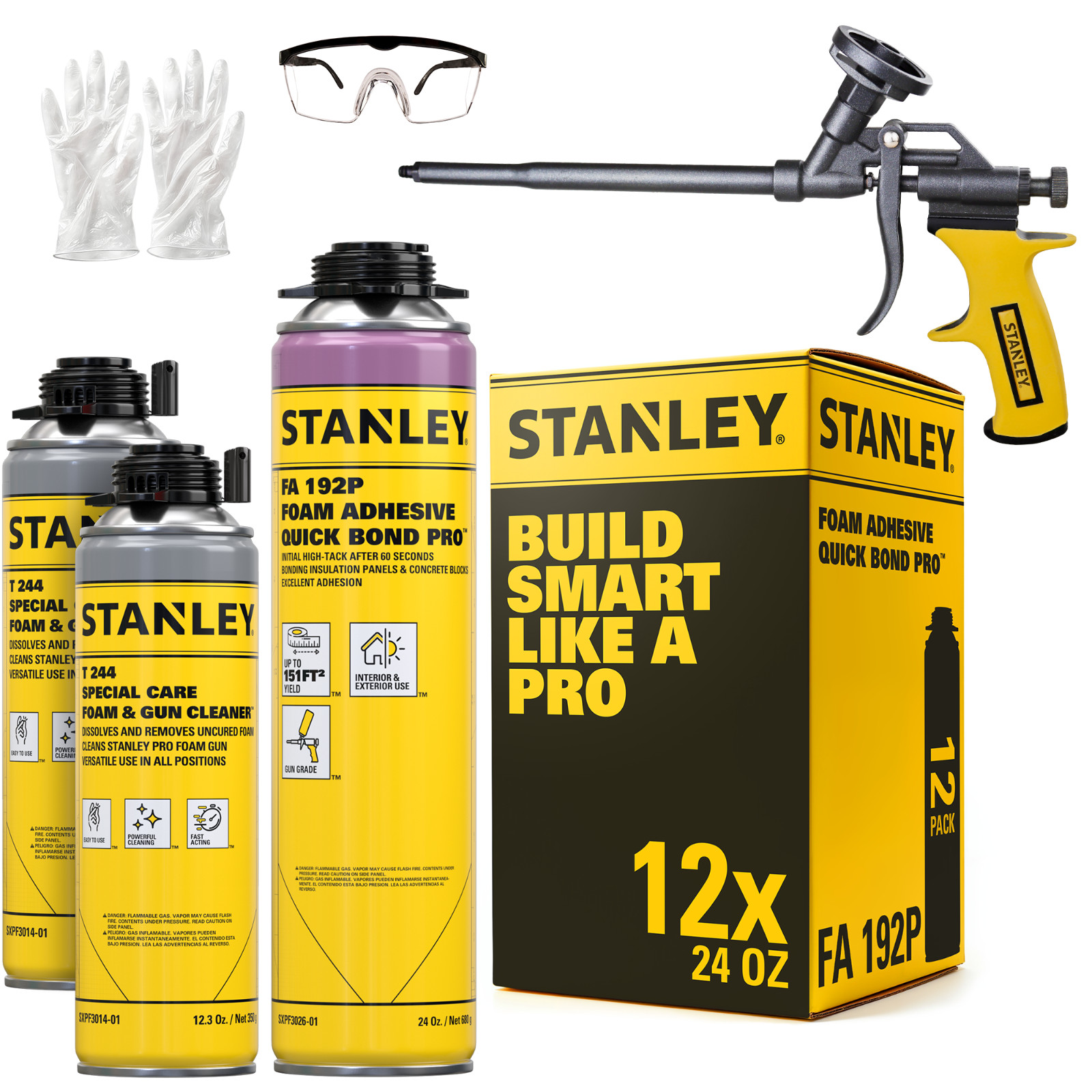 Stanley FA192P Quick Bond Pro Construction Gun Foam Adhesive 12 Pack – Gun Set