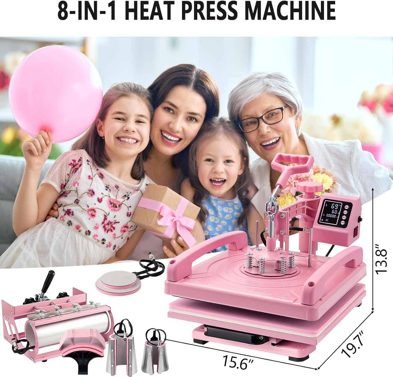 8IN1 Combo Heat Press Machine 15″x15″ Sublimation Transfer T-Shirt Mug Plate Hat