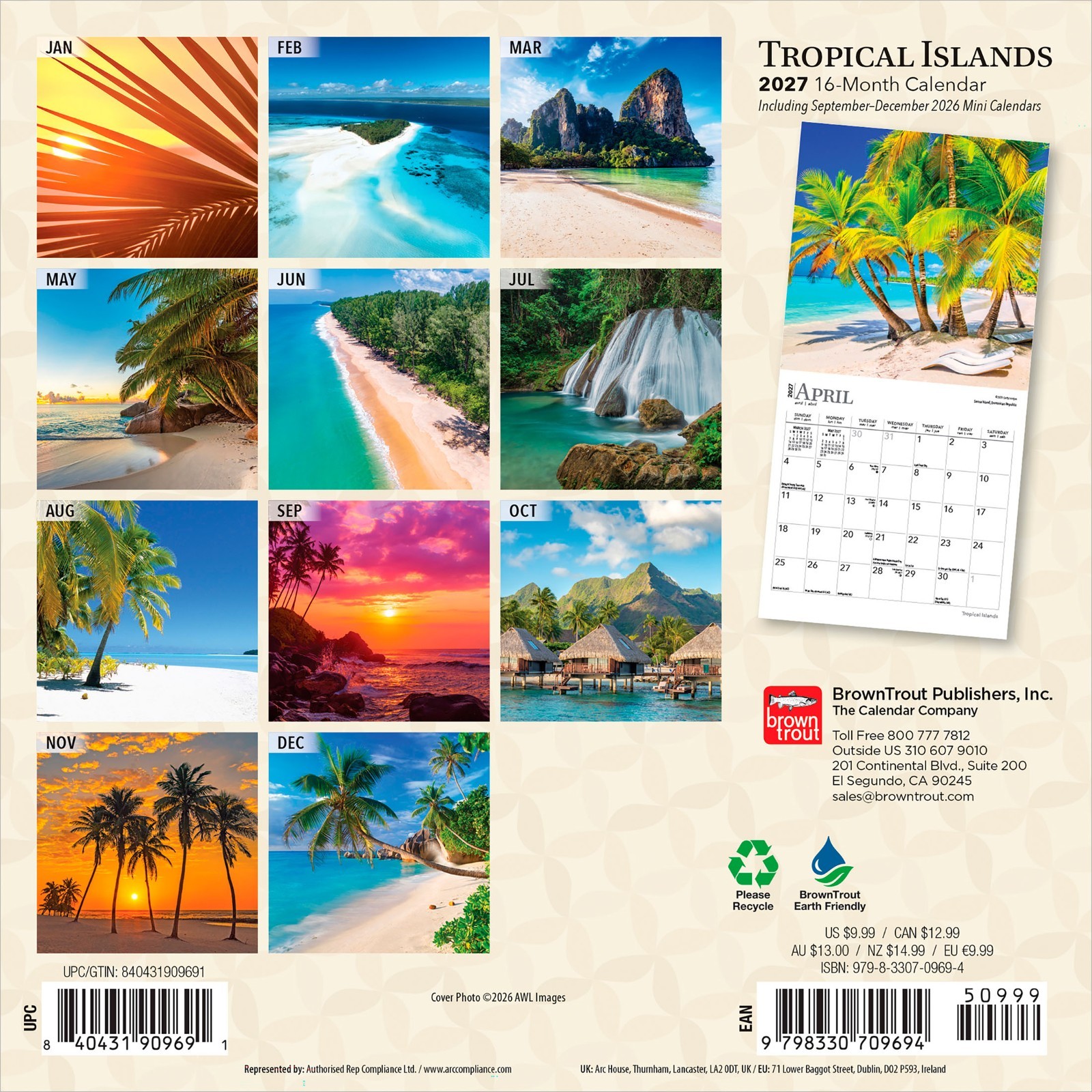 Tropical Islands | 2027 7×14″ (Hanging) Monthly Mini Wall Calendar