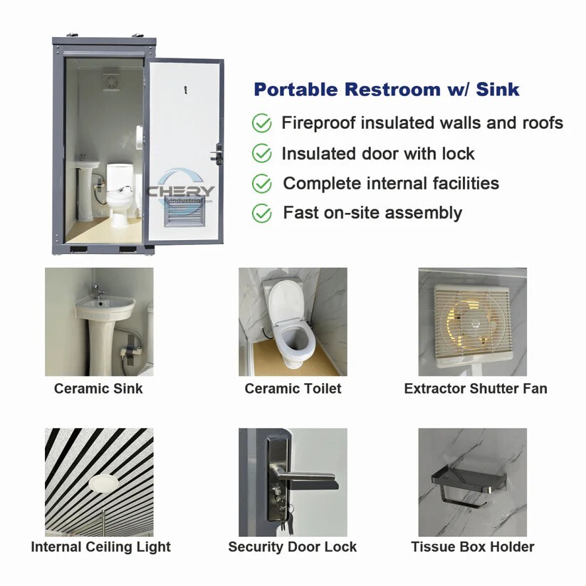 Bastone Portable Restroom w/ Sink, Flush Toilet & Vent Fan for Outdoor Use