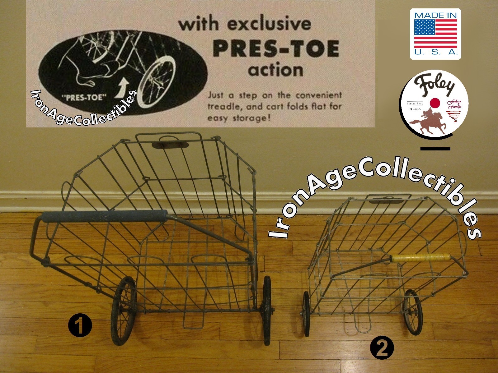 1940s Folding Metal Shopping Carts, Child’s & Adult Size Wire Basket Collapsible