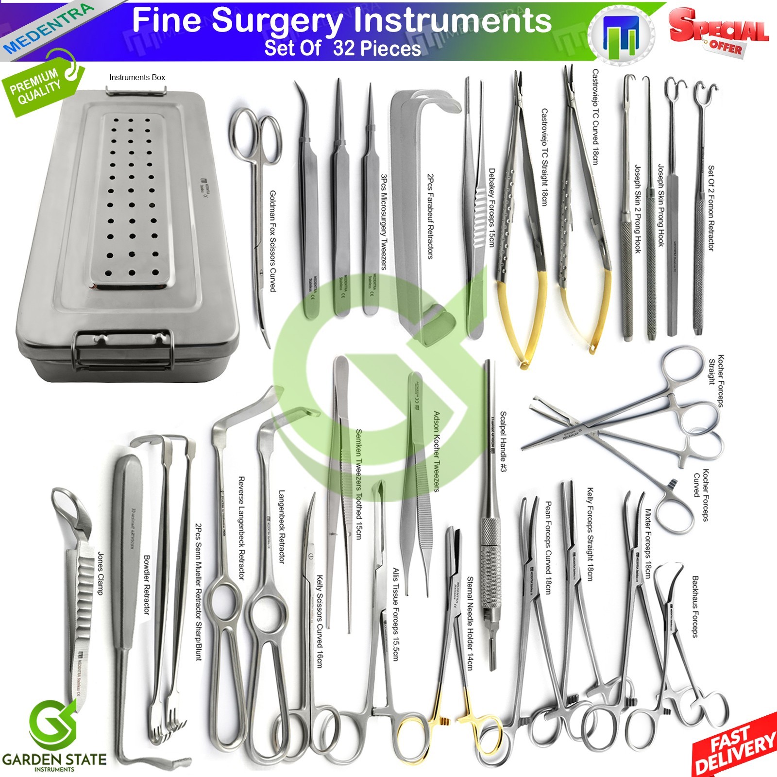 32 Pieces Fine Surgical Instruments Delicate Plastic Surgery Kit Box