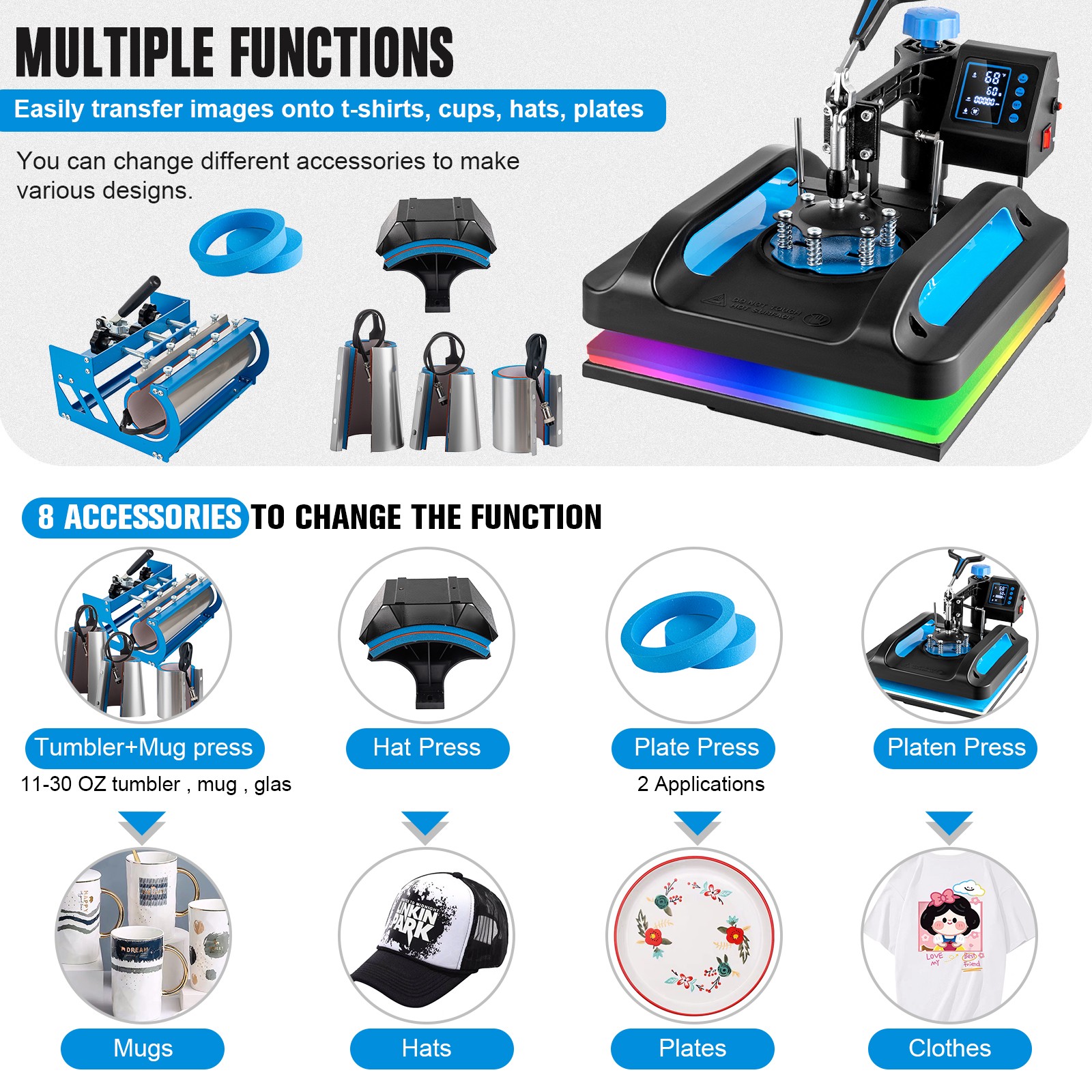 8 in 1 T-Shirt Heat Press Machine 15″x15″ Transfer Sublimation With 30OZ Tumbler