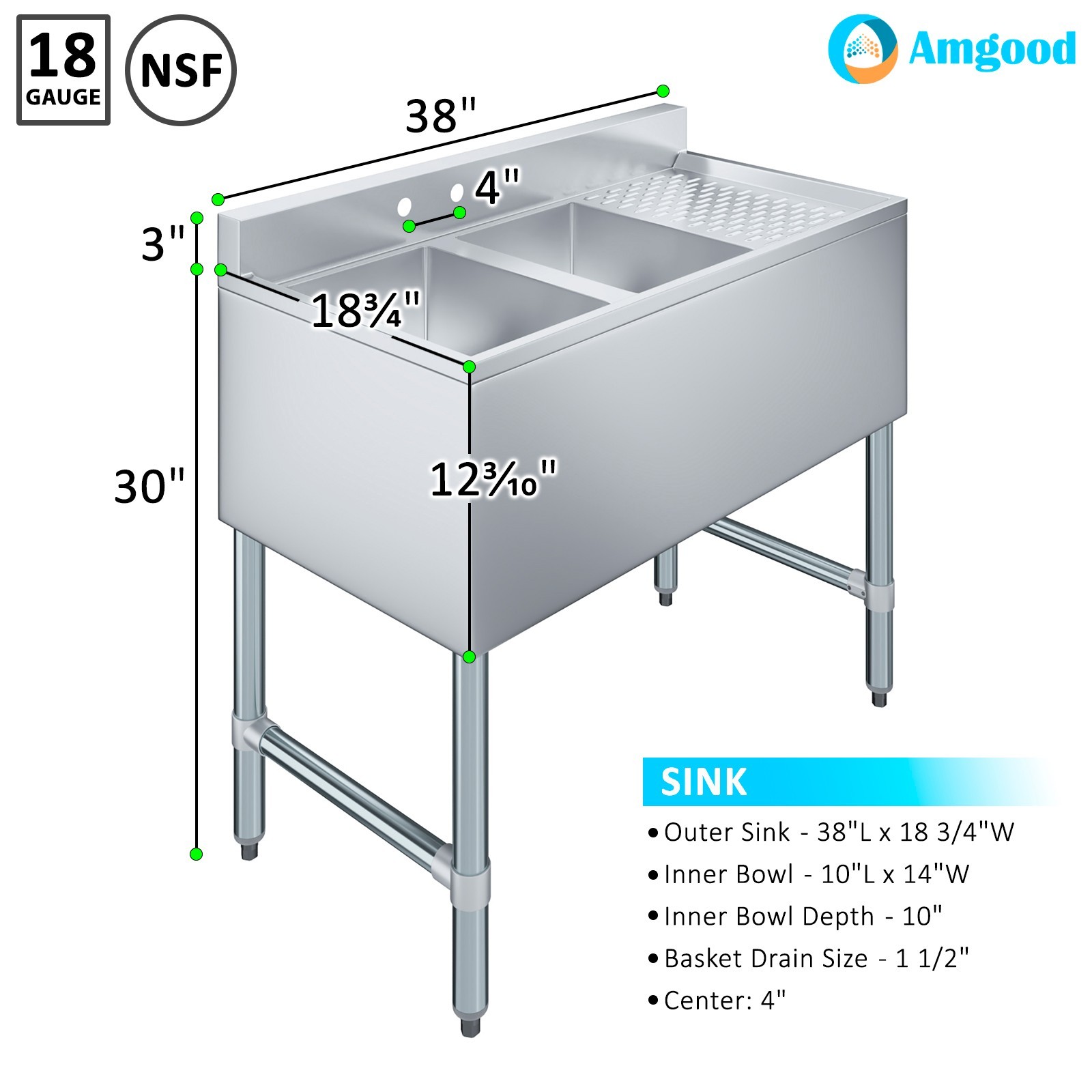 36 in. x 19 in. Two Compartment Underbar Sink with Right Drainboard