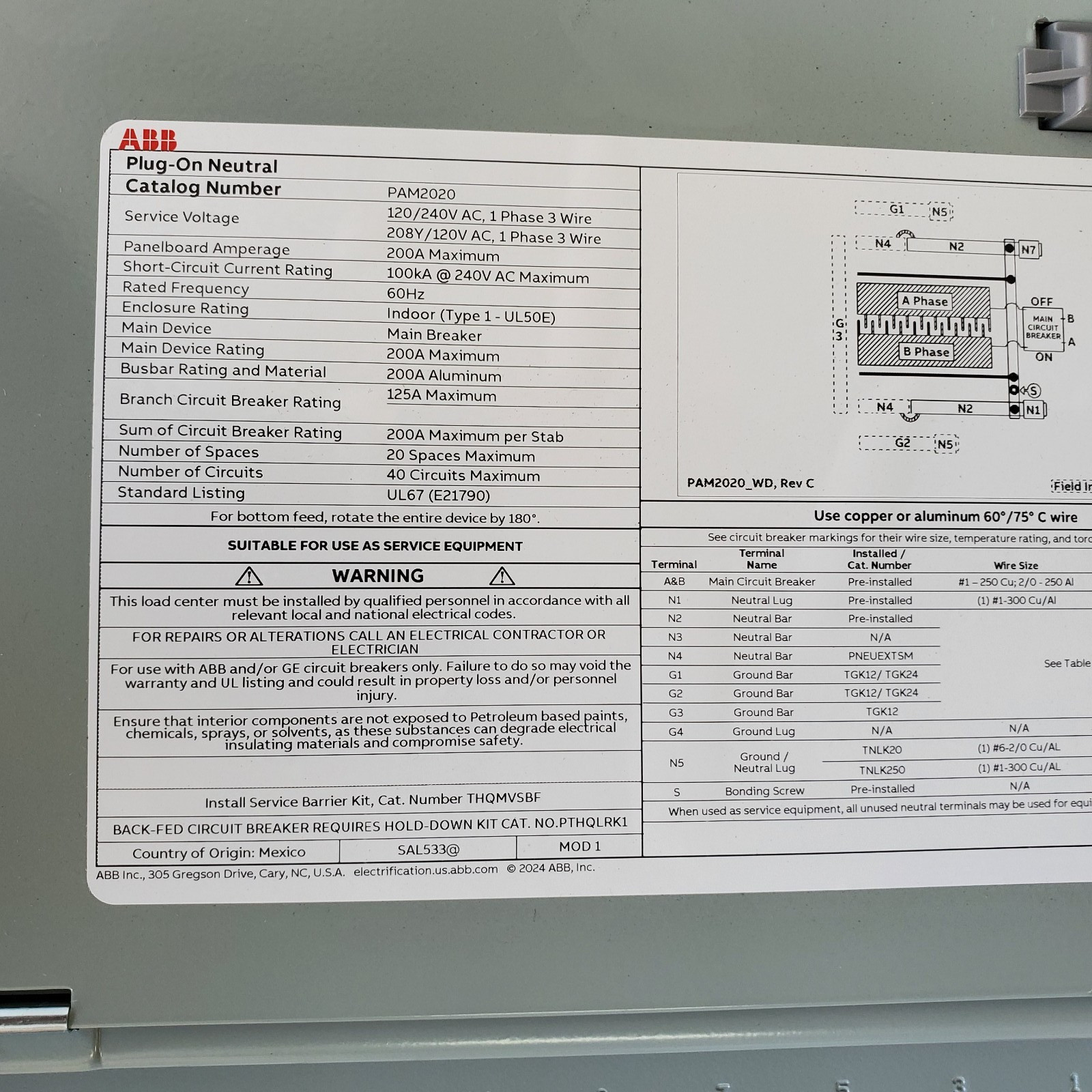 ABB 200A 20 Space 40 Circuit Main Breaker Indoor PON Load Center Kit, PAM2020PA