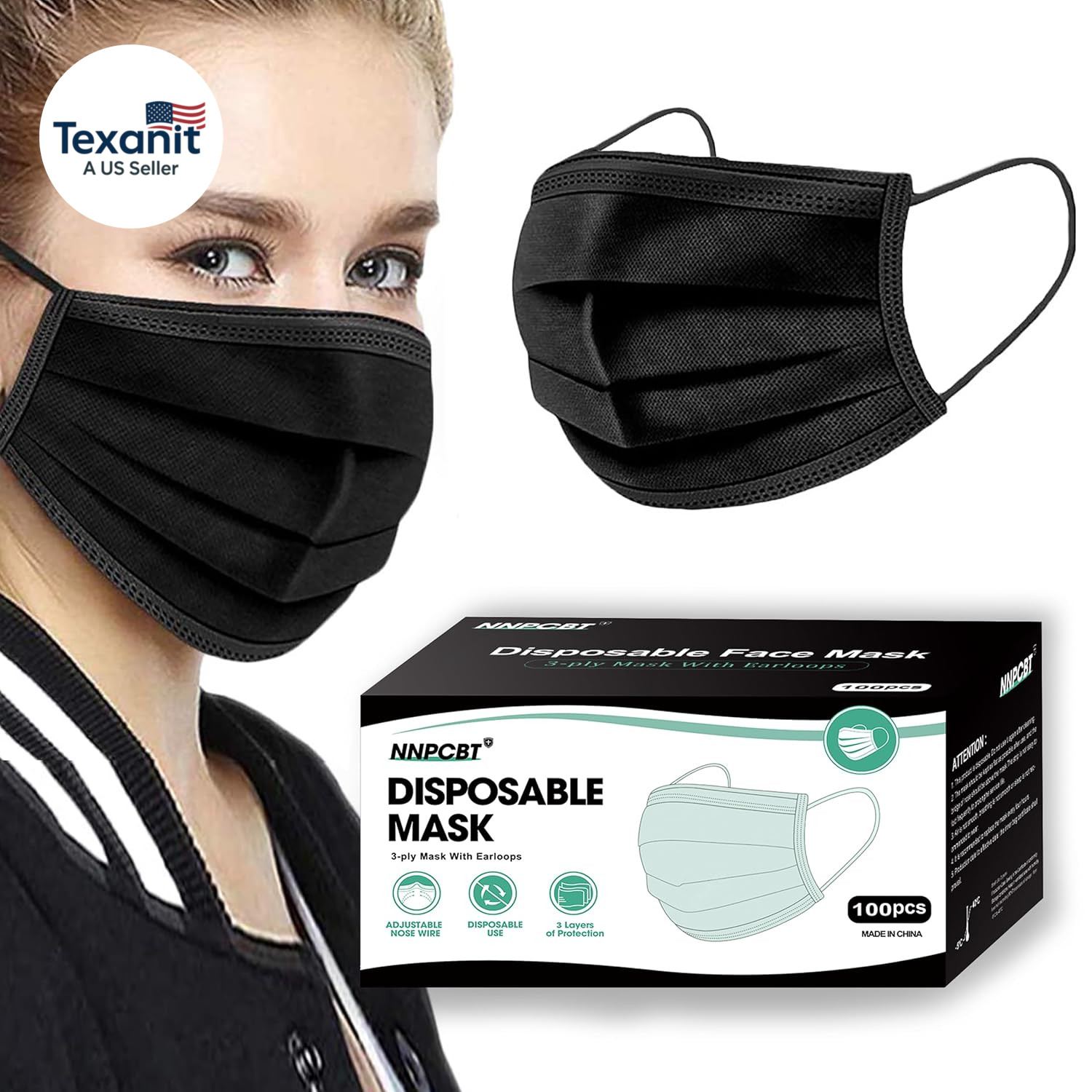 100PCS 3 Ply Black Disposable Face Mask Filter Protection Face Masks