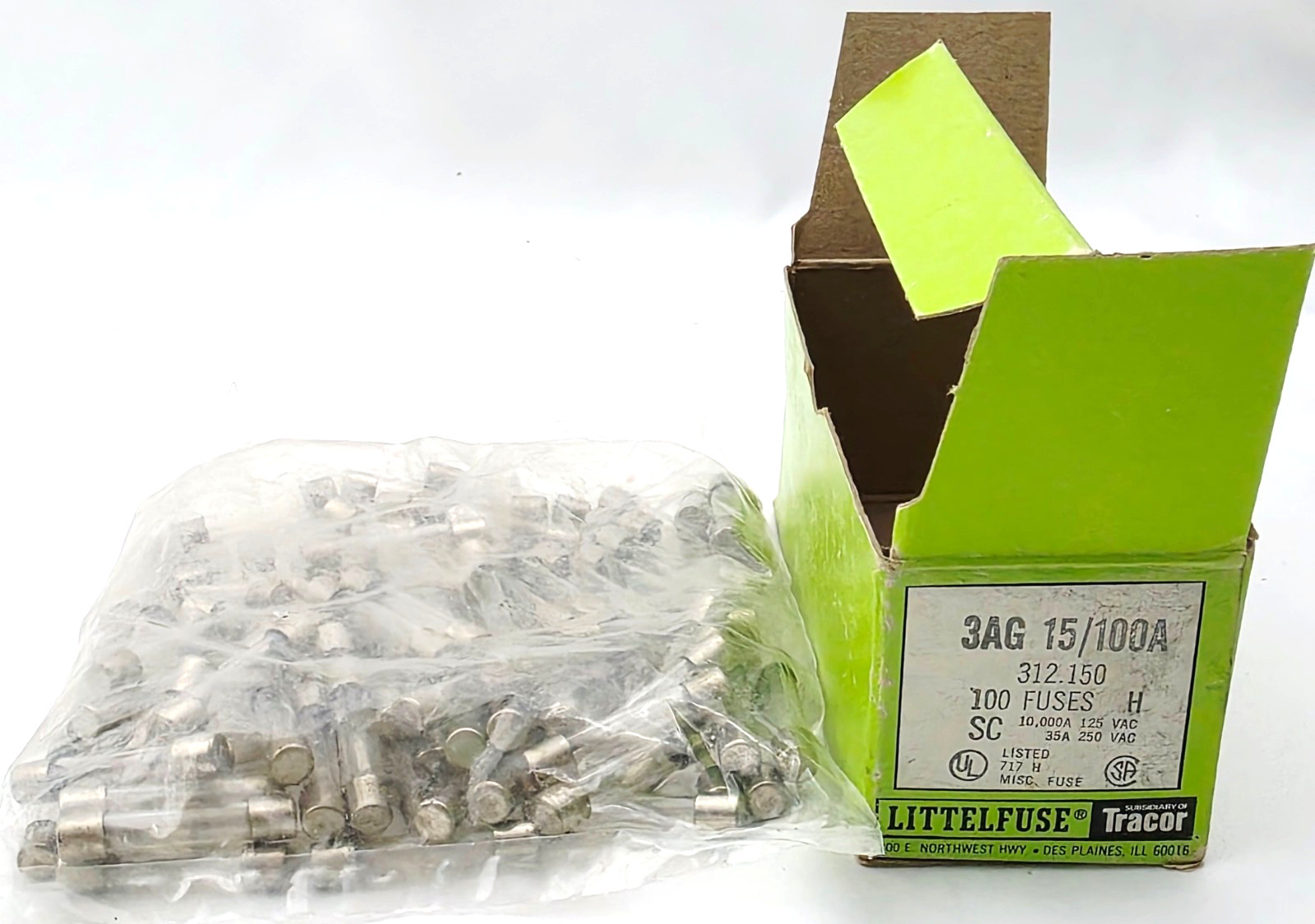 Box of 100 Littelfuse 3AG 15/100A Glass Fuses 15/100th Amp 250 Volt 1/4 x 1-1/4