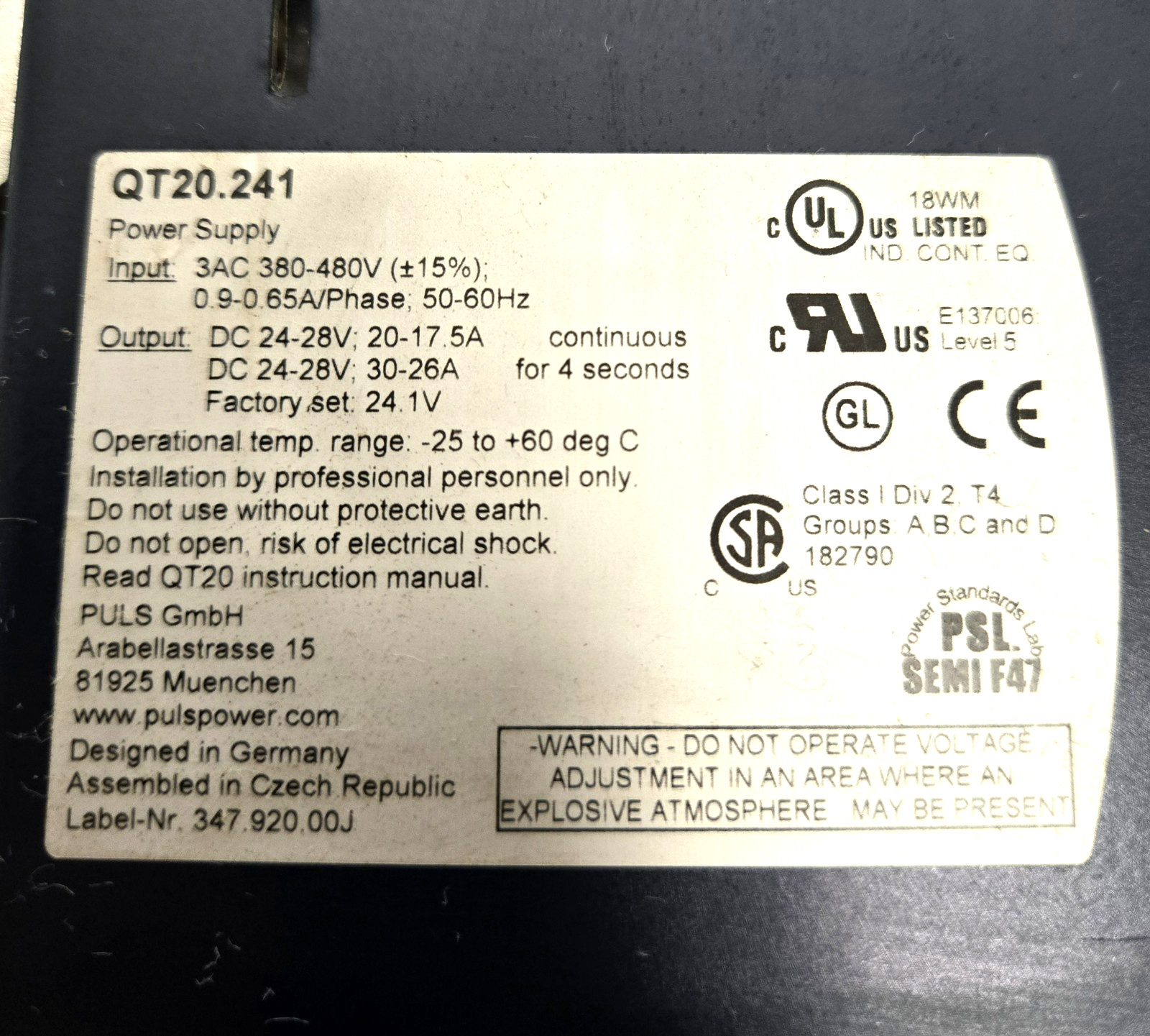 PULS POWER SUPPLY QT20.241.