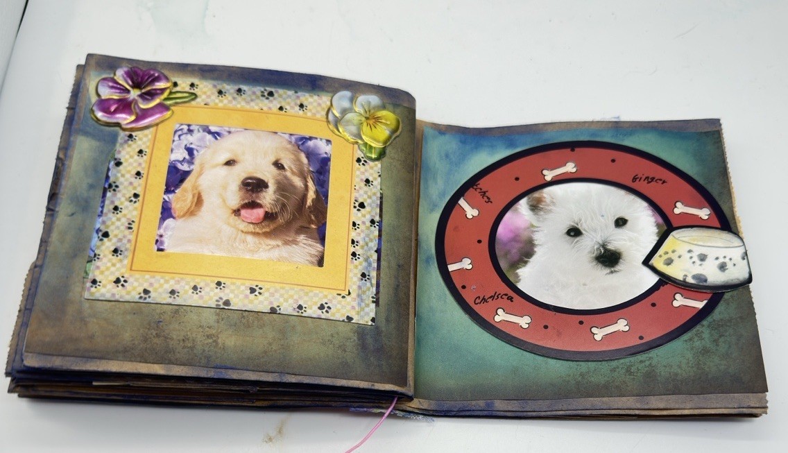Hand Made Junk Journal 6×5 Inches Puppies Themed. Medium Is Brown Paper Bags