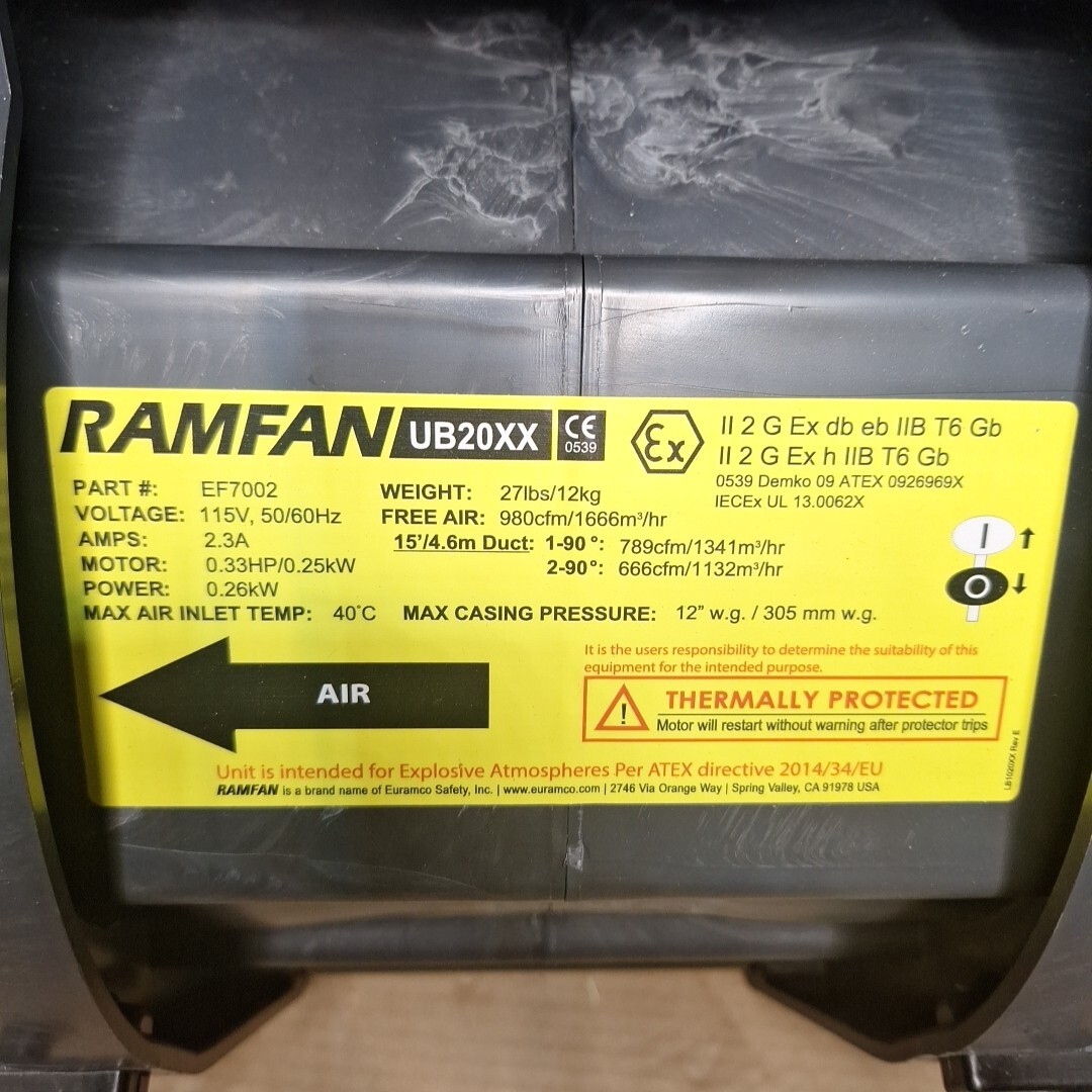 Ramfan EF7002 / UB20XX Black Industrial Intrinsically Safe Blower 980 CFM 1/3 HP