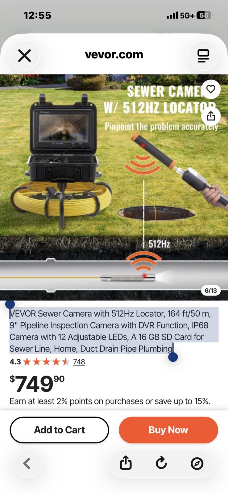 VEVOR Sewer Camera 164ft/50m 512Hz Locator 720P LCD DVR IP68 12 LED