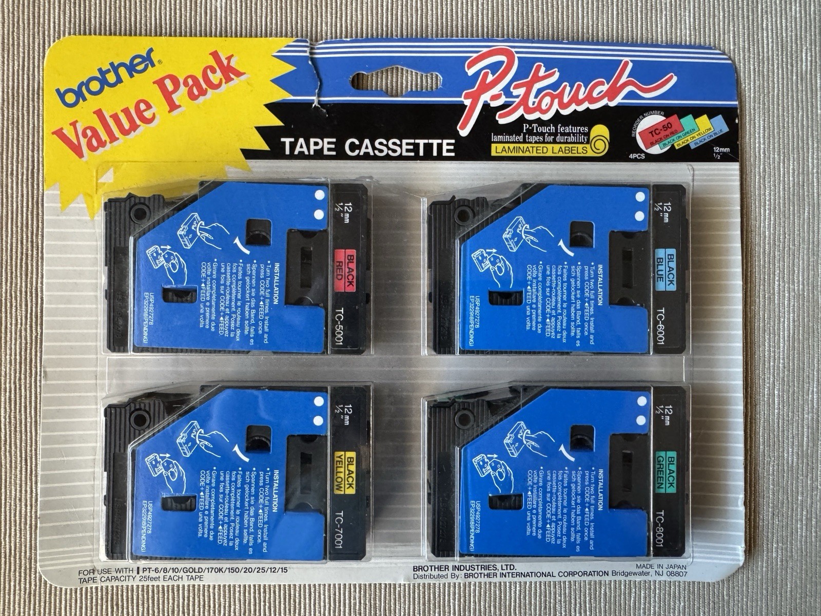 4 pack P Touch TC-50 Tape Black on Red or Yellow or Blue or Green 1/2″ x 25′ NEW