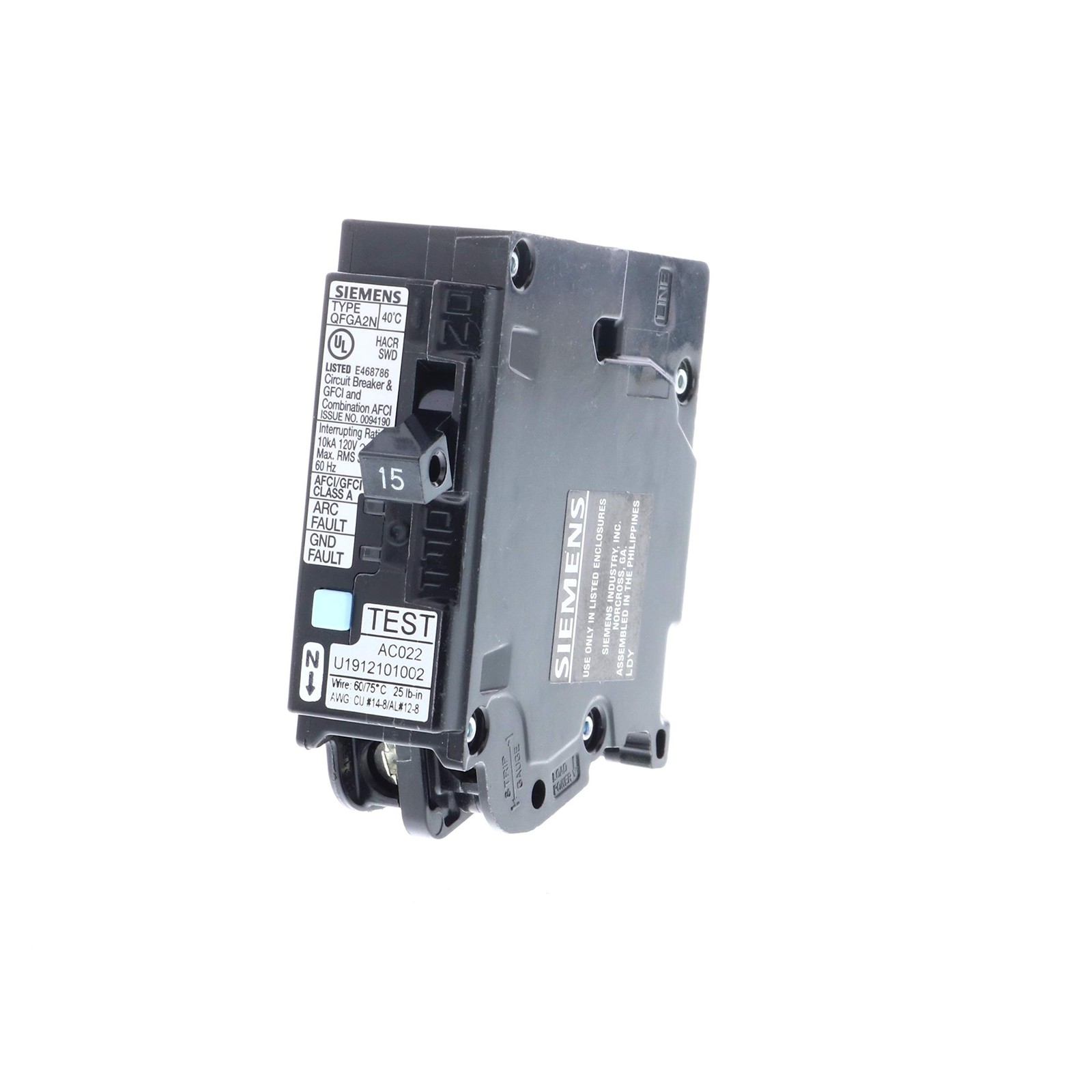 Siemens Q115DFN 15 Amp 1-Pole Dual Function (CAFCI/GFCI) Plug-On Neutral Circ…