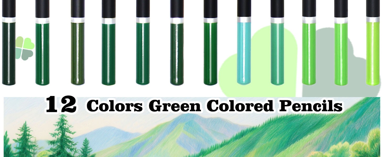 12 Colors Green Colored Pencils for Teens Adults, Oil Based Wooden Colored