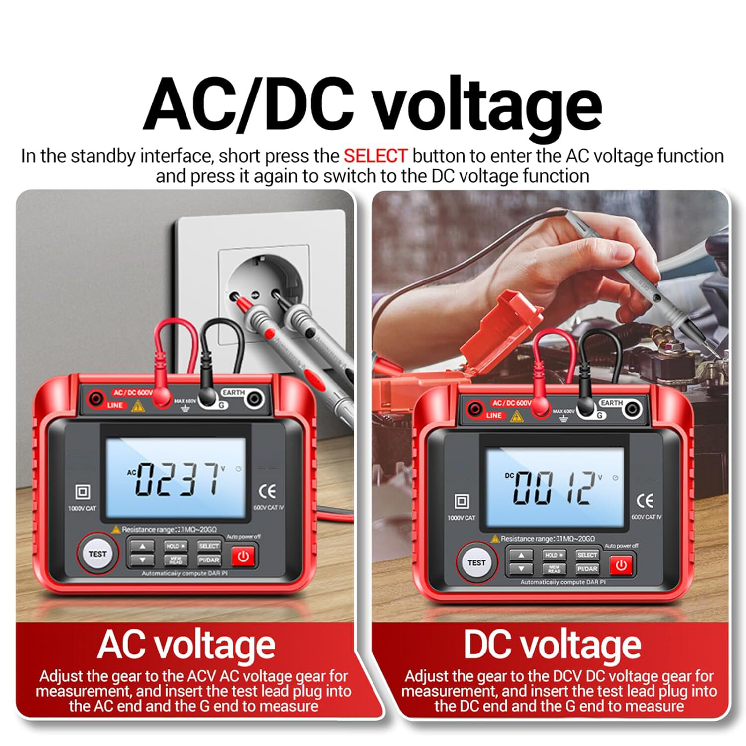 1000V Insulation Resistance Tester Megohmmeter Ohm, AC/DC Voltage Tester, PI/DAR