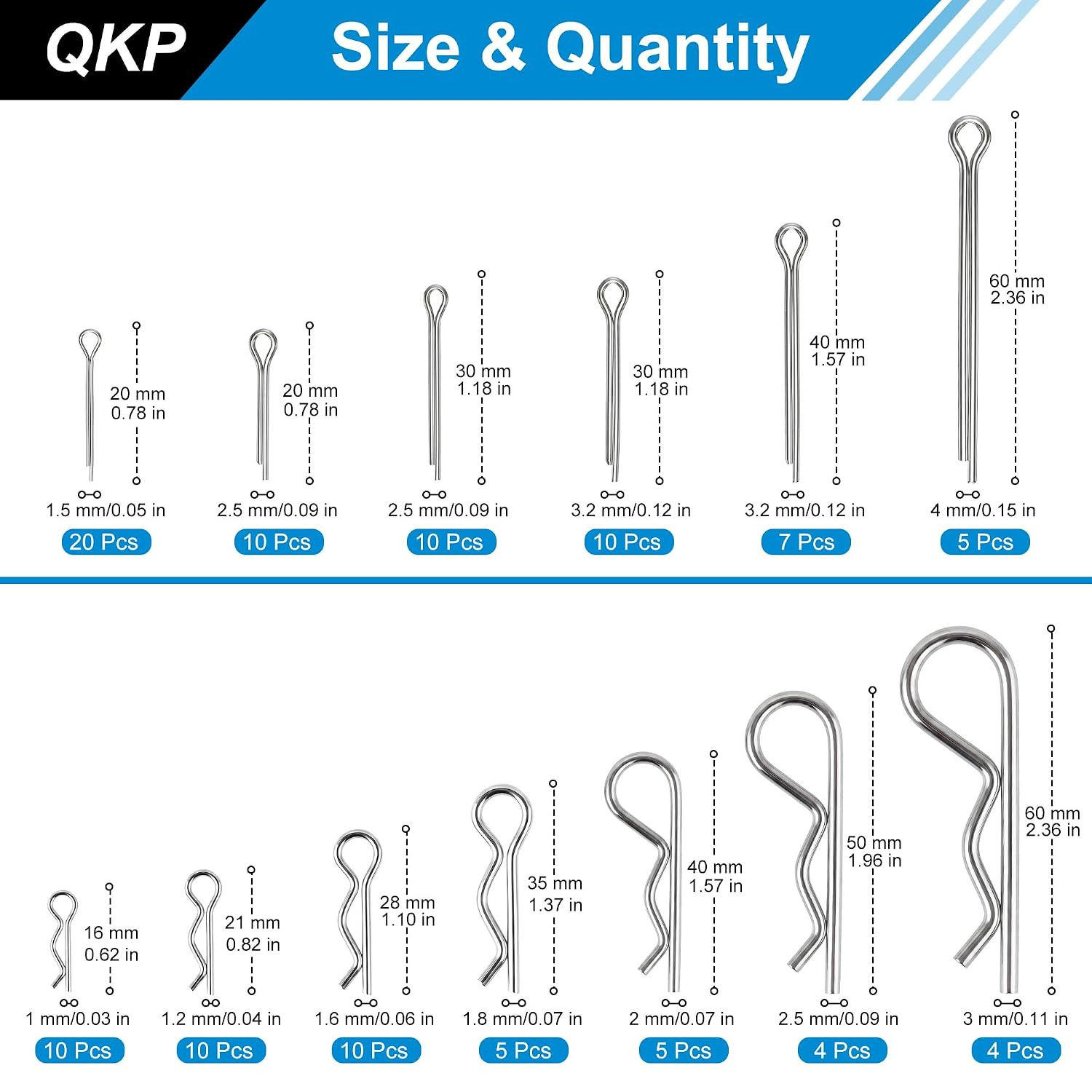 110 PCS Cotter Pin Assortment Kit, 10 Sizes Stainless Steel Cotter Pins & R Clip