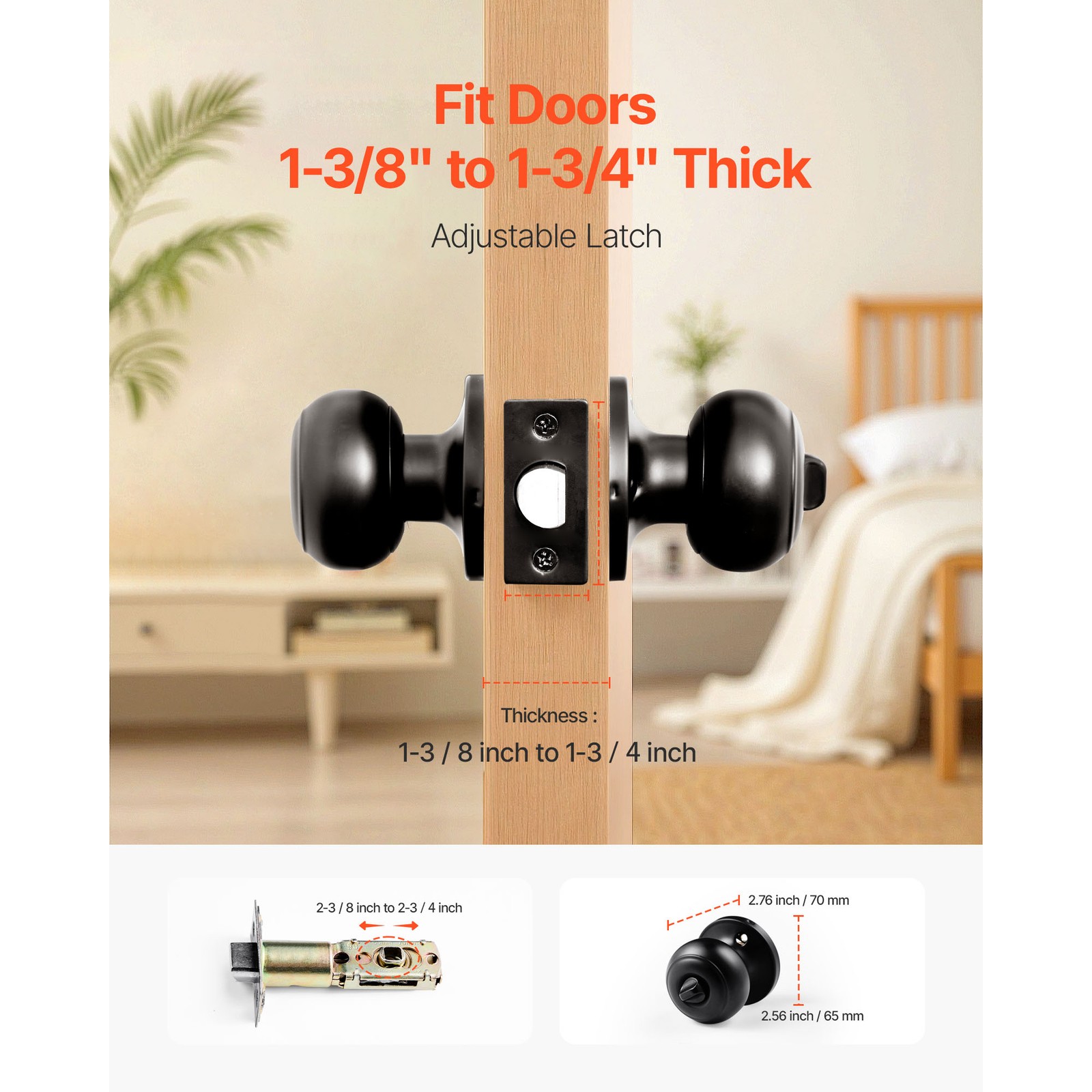 Uimoso Matte Black Interior Door Knobs for Bedroom and Bathroom, 6-Pack, Keyless