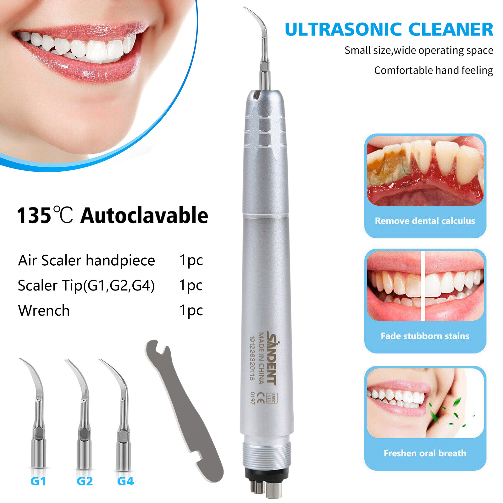 Dental Ultrasonic Air Scaler Handpiece 4 Hole +Scaling Perio Tips G1,G2,G4 SA