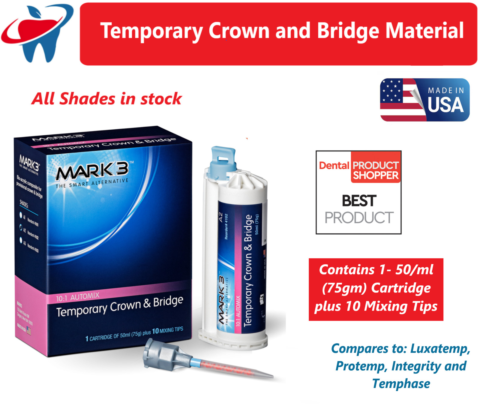 Dental Temporary Crown and Bridge Material 50ml 10:1 Cartridge, Shade A1, A2, B1