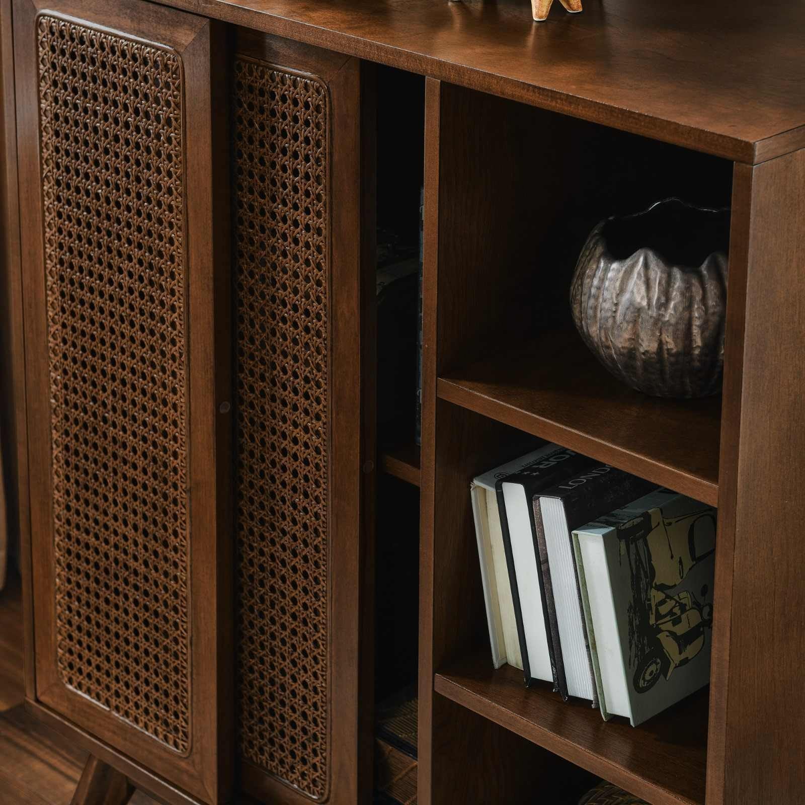 Mid-Century Storage Cabinet Sliding Rattan Doors 36″H Wood Open Shelves Walnut