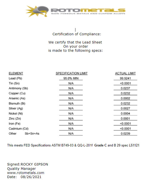 Sheet Lead-1/16 inch x 12 inches X 12 inches