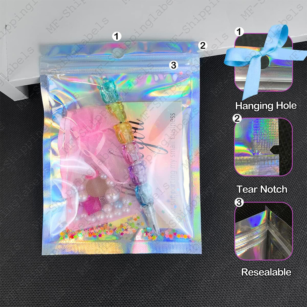 Smell Proof Mylar Holographic Bags Foil Pouch Resealable Clear Zip Food Storage