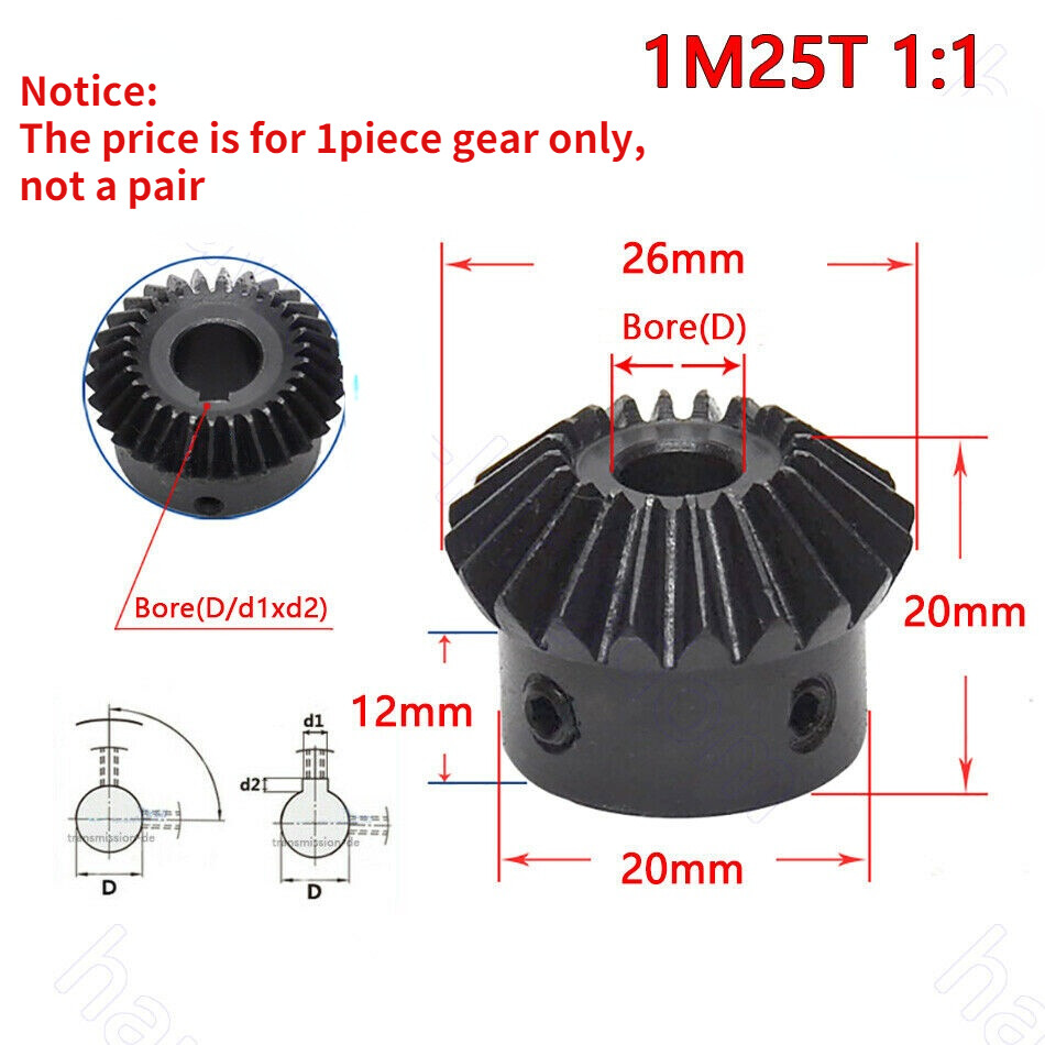 Mod 1/1.5/2 90° Pairing Bevel Gear 1:1/1:2 15T-30T Bore 5/6/6.35/8/10/12/14-25mm