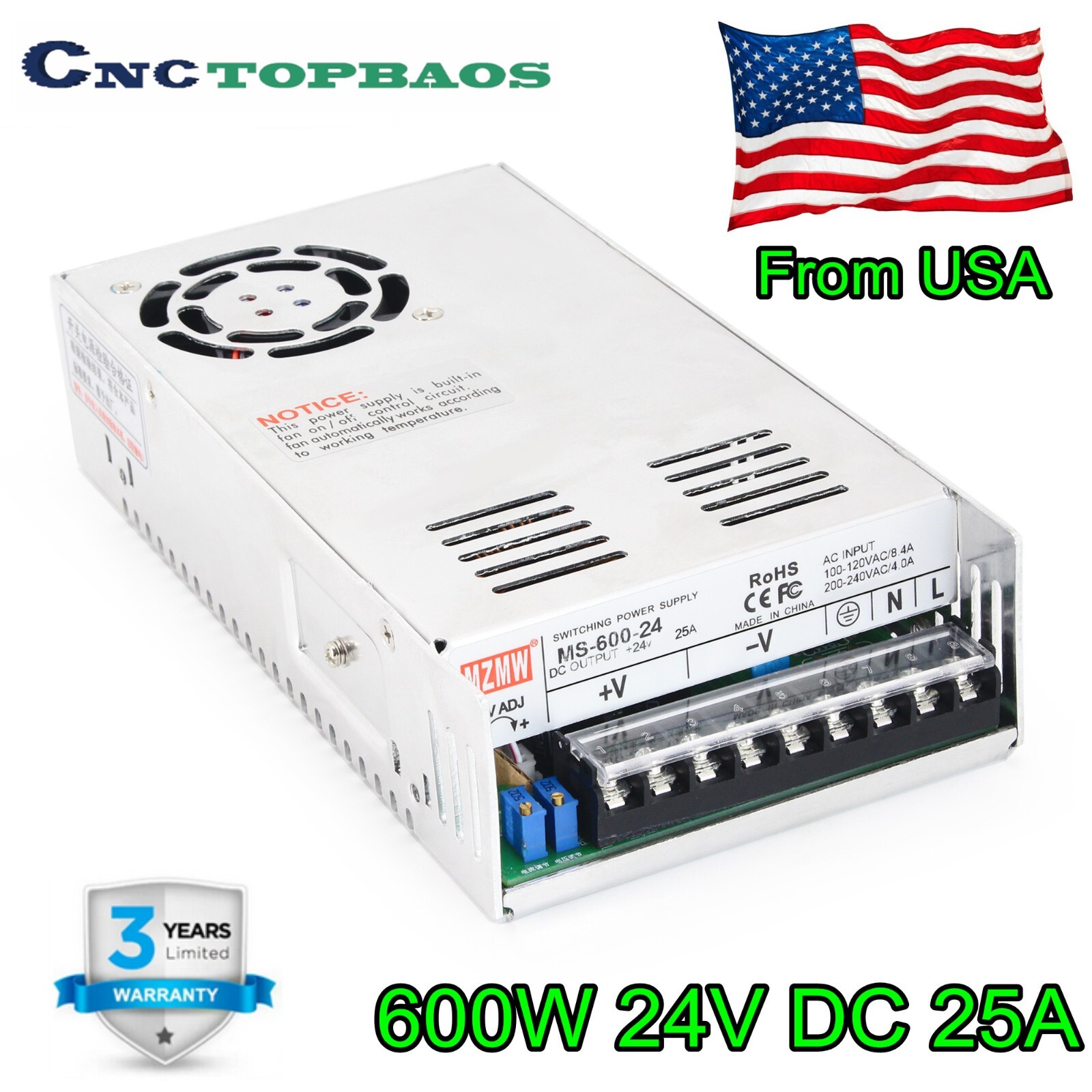 【USA】600W 24V DC 25A Switching Power Supply PSU Adapter 0-24VDC for LED/Pump/3D