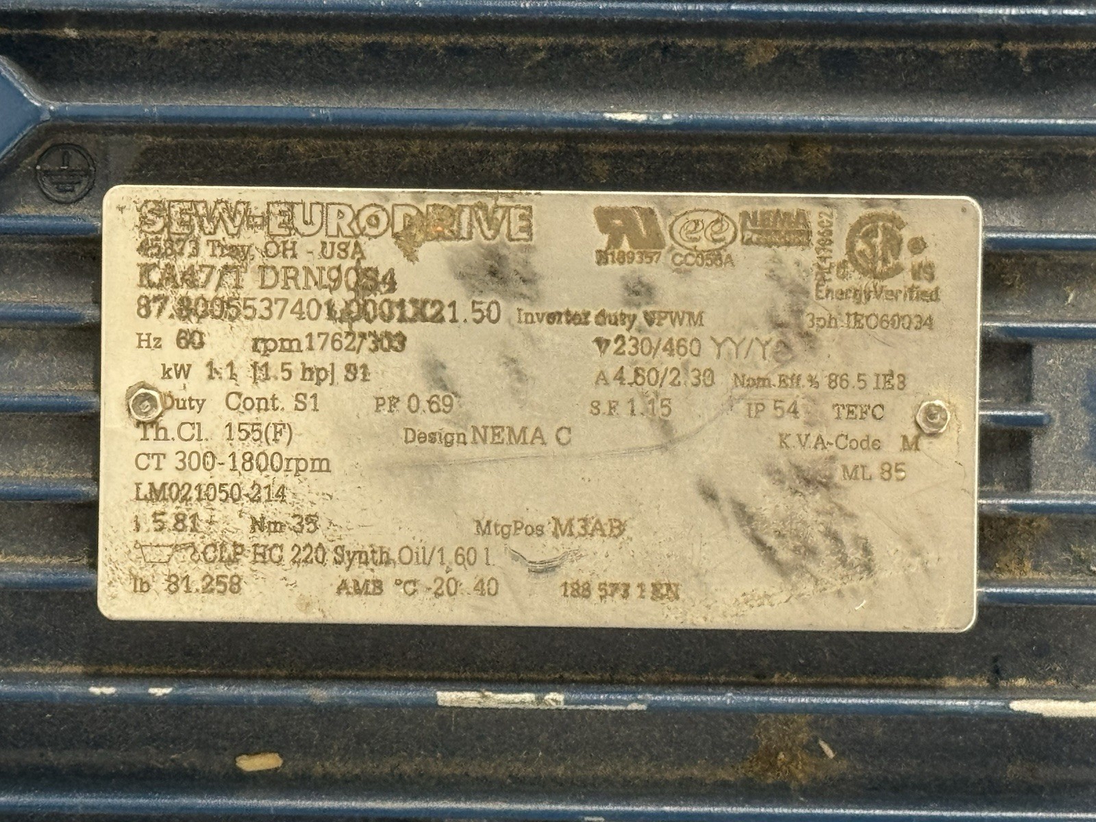 NEW SEW-EURODRIVE KA47/T DRN90S4 GEARMOTOR 1.5HP 5.81:1