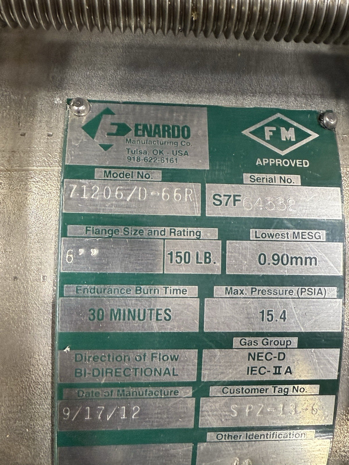 6″ Enardo 71206 D-66R CL150 316SS Bi-Directional 30 Min Flame Arrestor NEW 2012