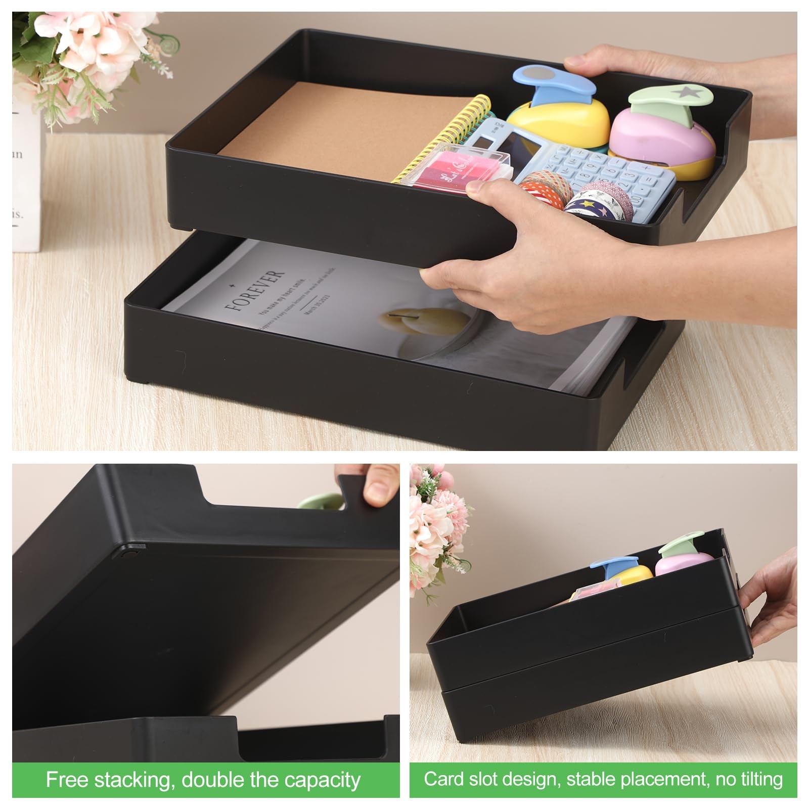 Cinnvoice 2 Pcs Letter-Size Desk Tray, 12.99 x 9.65 x 2.28 inches, Black