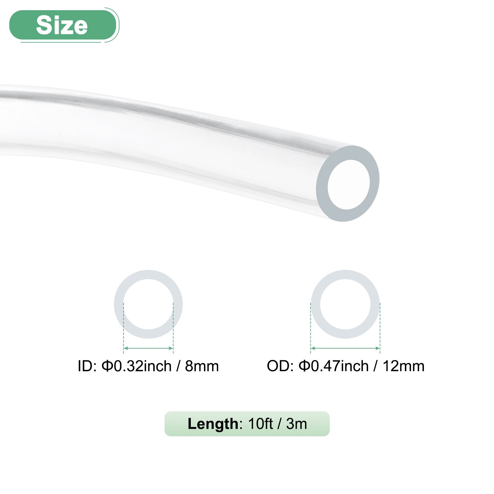 Clear Plastic Tubing, 0.32Inch(8mm) ID 0.47Inch(12mm) OD, 10ft(3.0m) Length