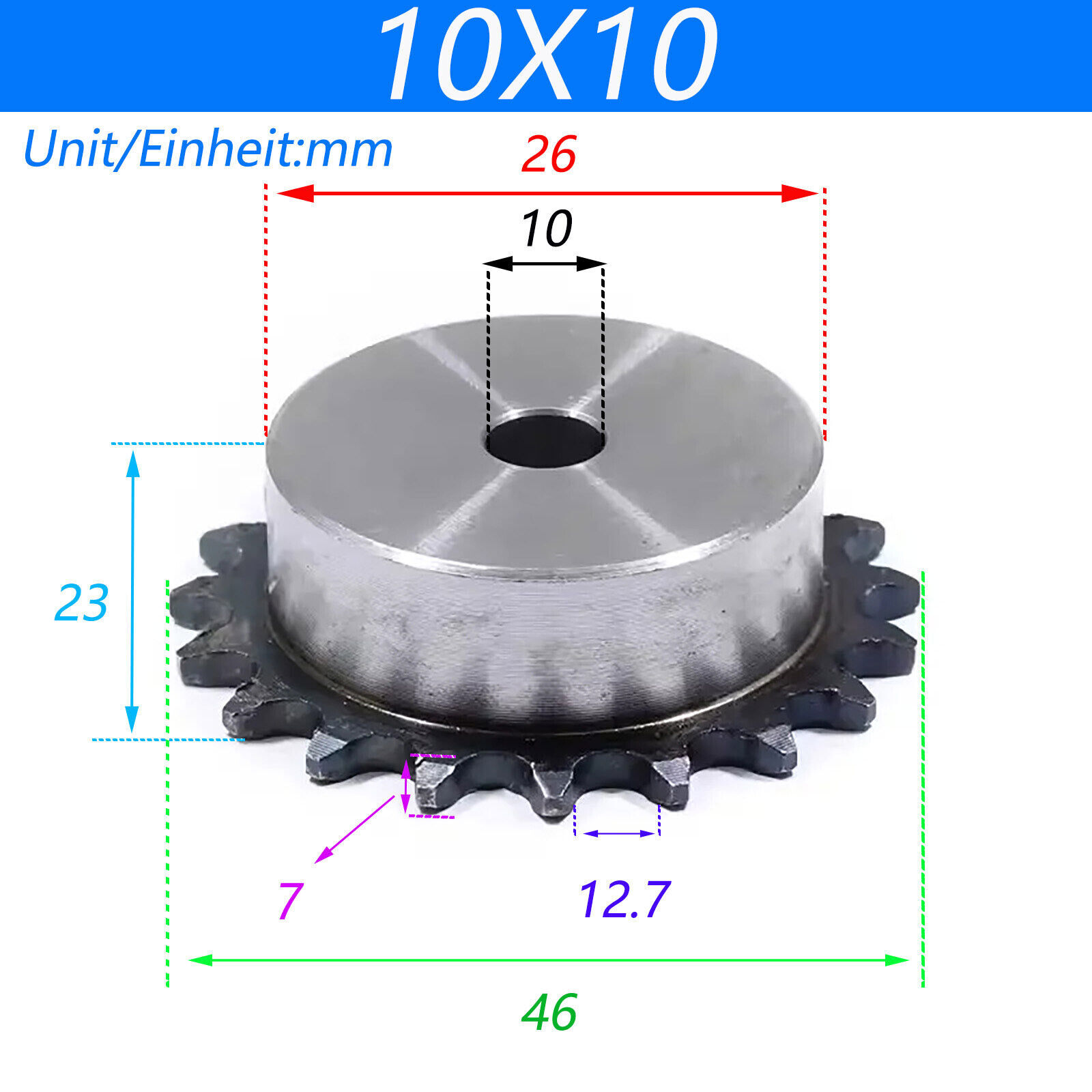 12.7mm For 08B Chain Chain Drive Sprocket Wheel 10T-60T Bore 6-15mm Pitch 1/2″