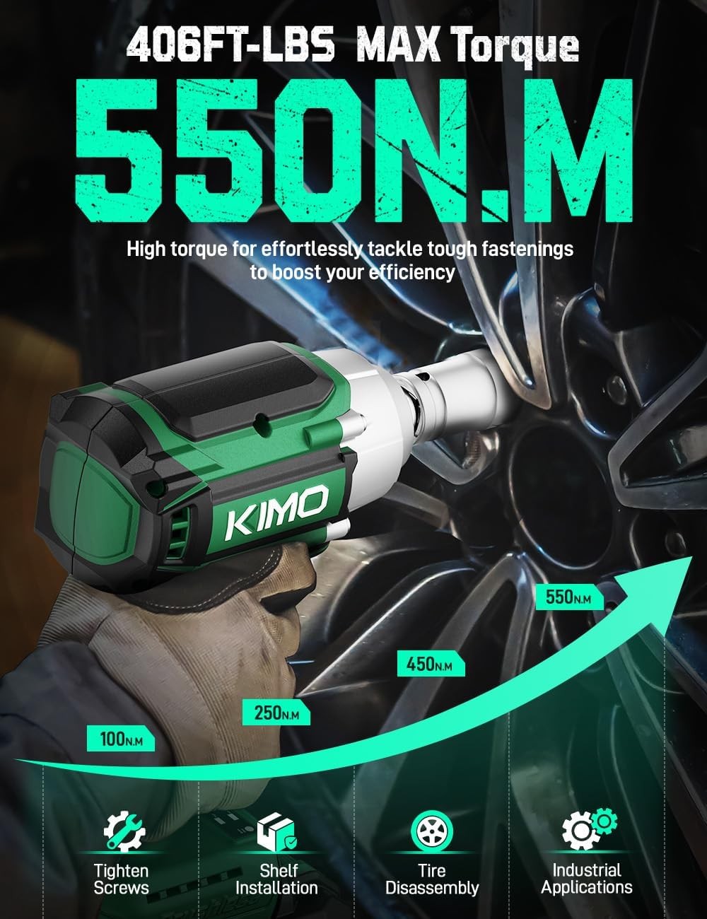 KIMO Impact Wrench 1/2 Cordless, 1200N.m (900ft-lbs), 4000RPM | 410Ft-Lbs/550N.m