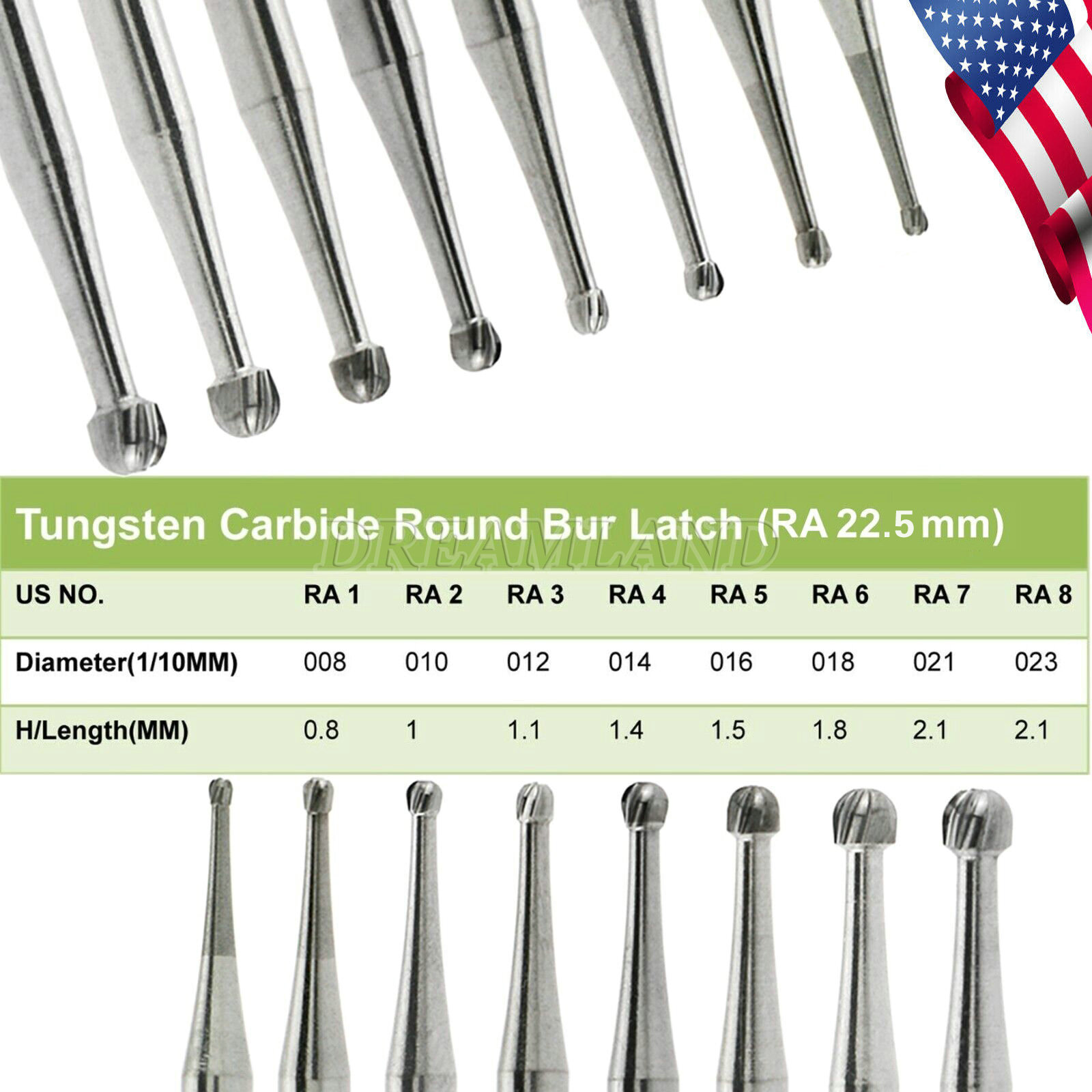 RA #1-8 Regular Round Carbide Burs for Slow Speed Latch Type RA1-RA8 Dental