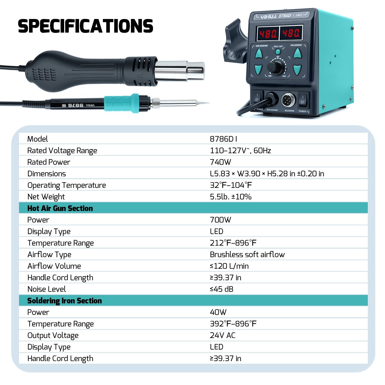 YIHUA 8786D-I Digital Hot Air Rework Station with Soldering Station Complete Kit